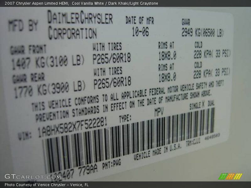 Cool Vanilla White / Dark Khaki/Light Graystone 2007 Chrysler Aspen Limited HEMI