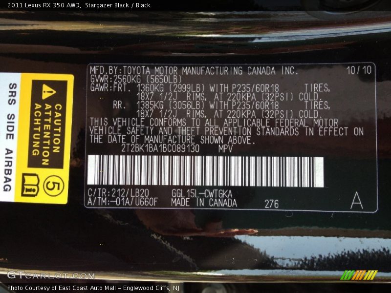 Stargazer Black / Black 2011 Lexus RX 350 AWD