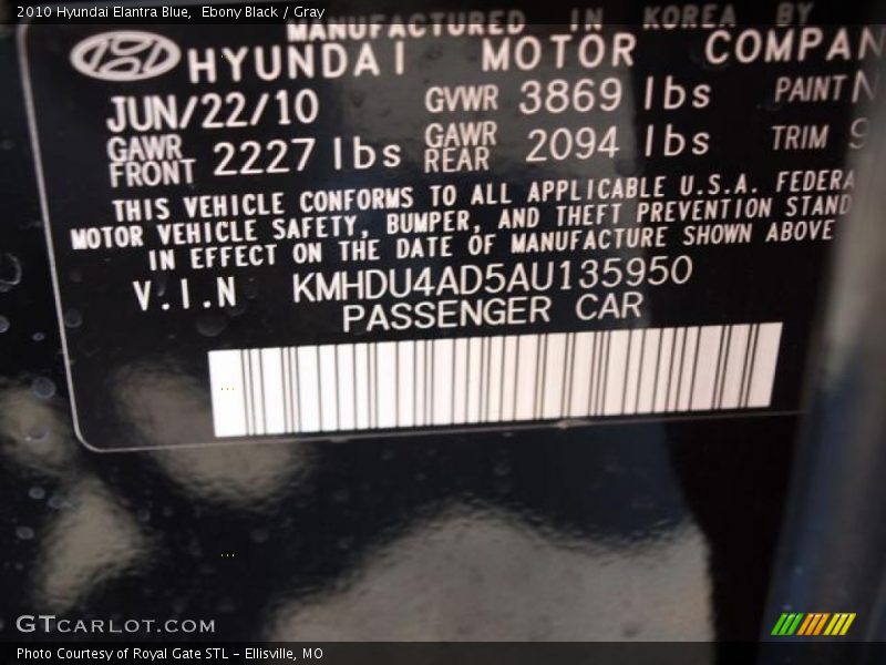 Ebony Black / Gray 2010 Hyundai Elantra Blue