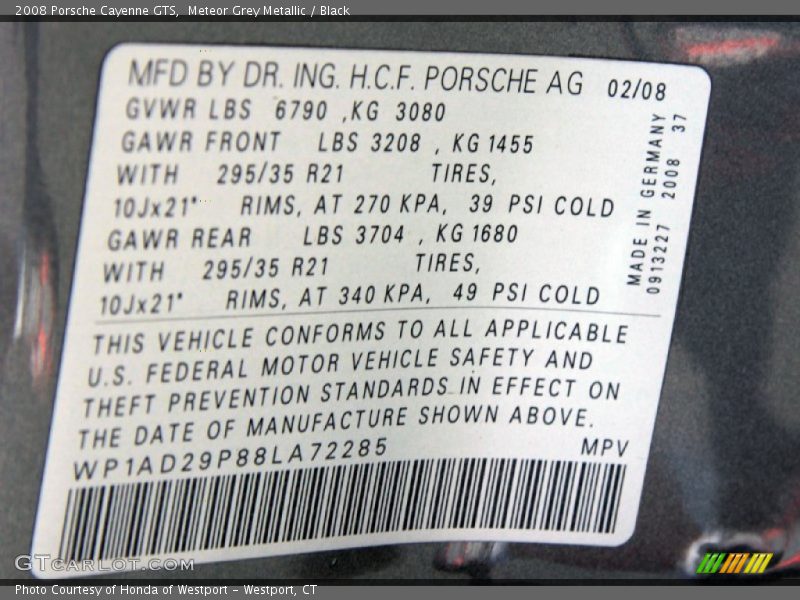 Info Tag of 2008 Cayenne GTS