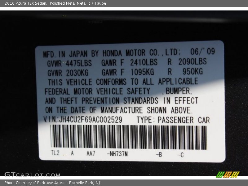Polished Metal Metallic / Taupe 2010 Acura TSX Sedan