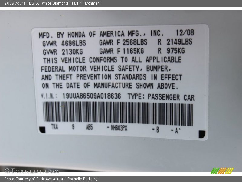 White Diamond Pearl / Parchment 2009 Acura TL 3.5