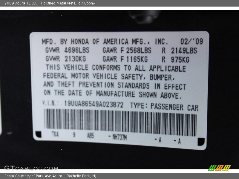 Polished Metal Metallic / Ebony 2009 Acura TL 3.5