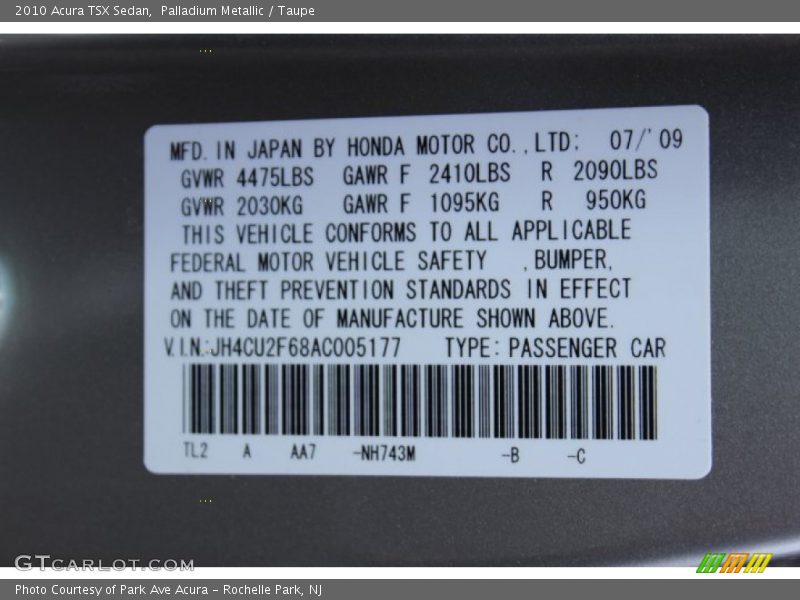 Palladium Metallic / Taupe 2010 Acura TSX Sedan