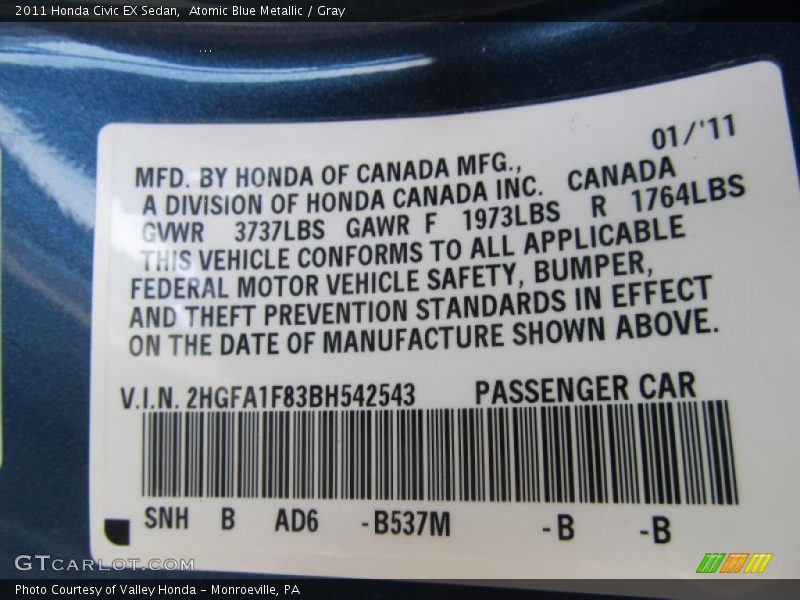 Atomic Blue Metallic / Gray 2011 Honda Civic EX Sedan