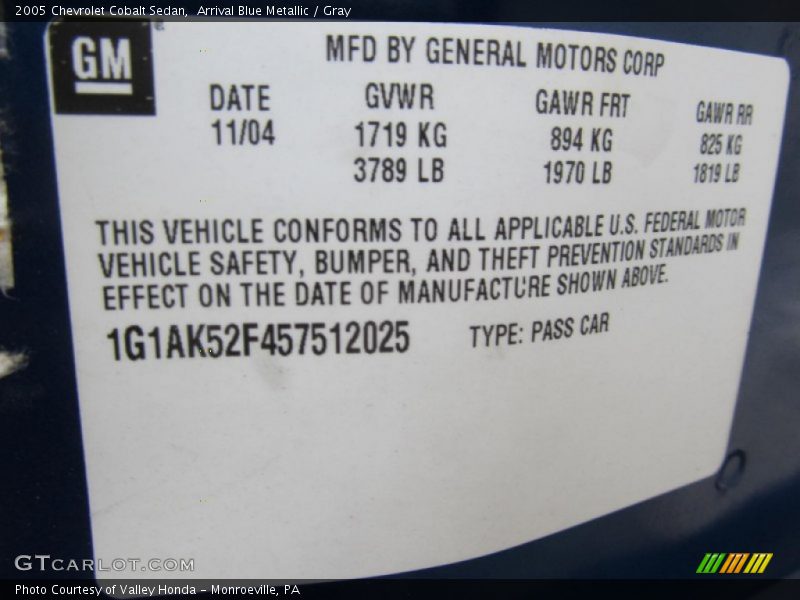 Arrival Blue Metallic / Gray 2005 Chevrolet Cobalt Sedan