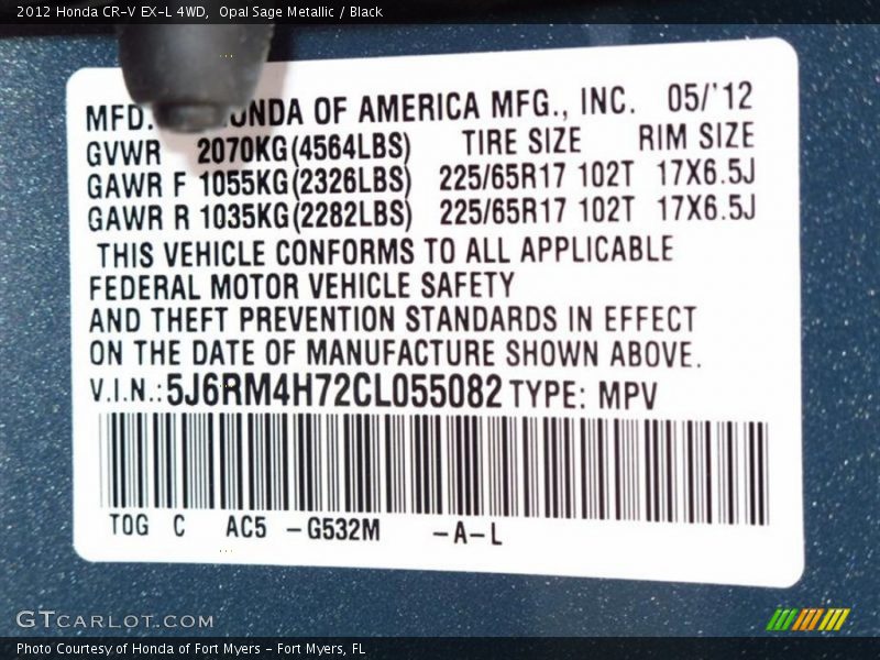 2012 CR-V EX-L 4WD Opal Sage Metallic Color Code G532M