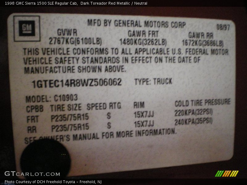 Dark Toreador Red Metallic / Neutral 1998 GMC Sierra 1500 SLE Regular Cab