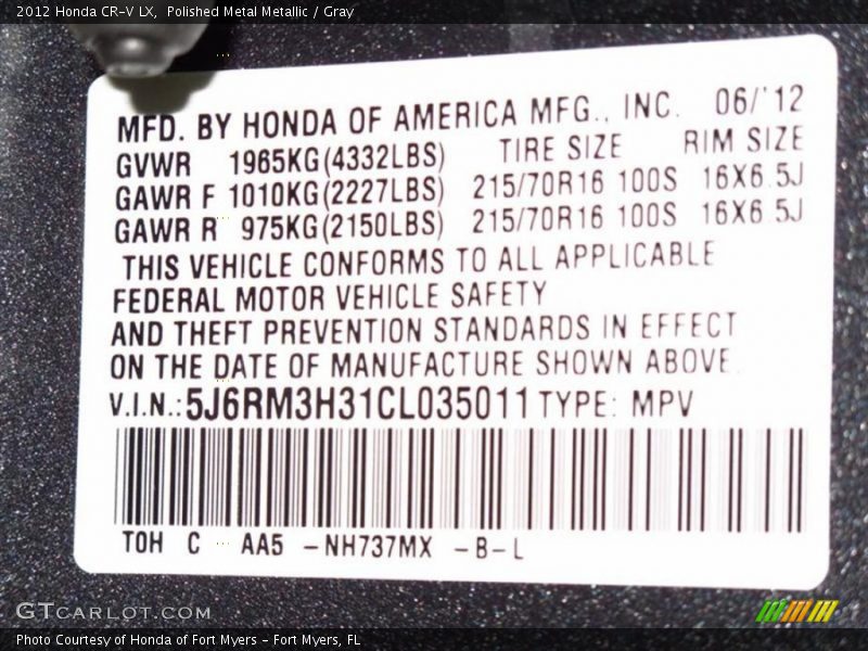 Polished Metal Metallic / Gray 2012 Honda CR-V LX