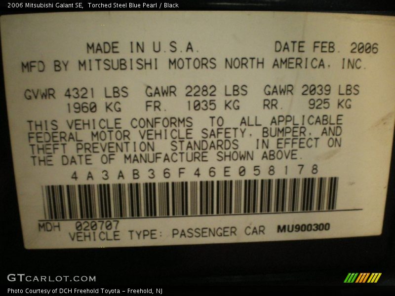 Torched Steel Blue Pearl / Black 2006 Mitsubishi Galant SE