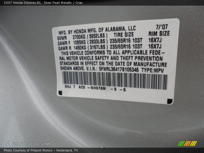 Silver Pearl Metallic / Gray 2007 Honda Odyssey EX