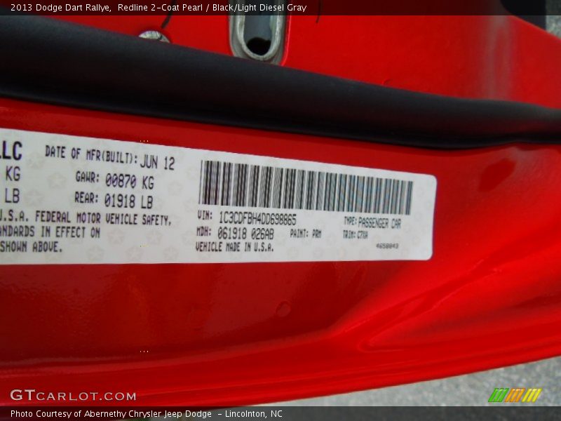 2013 Dart Rallye Redline 2-Coat Pearl Color Code PRM