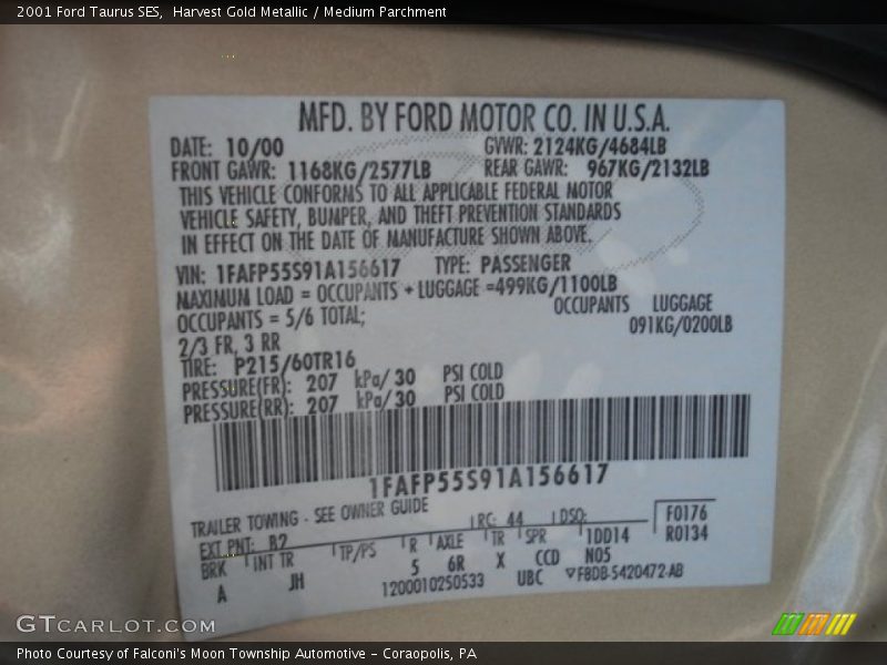 Harvest Gold Metallic / Medium Parchment 2001 Ford Taurus SES