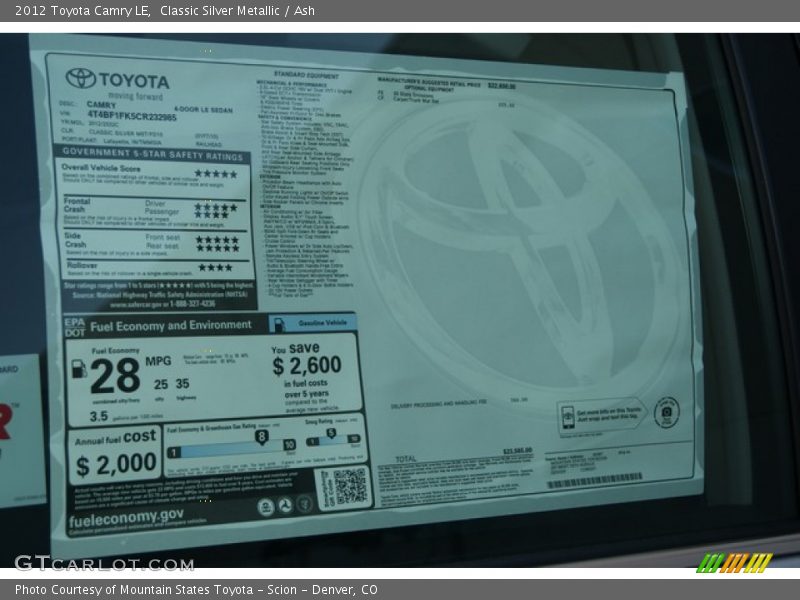  2012 Camry LE Window Sticker