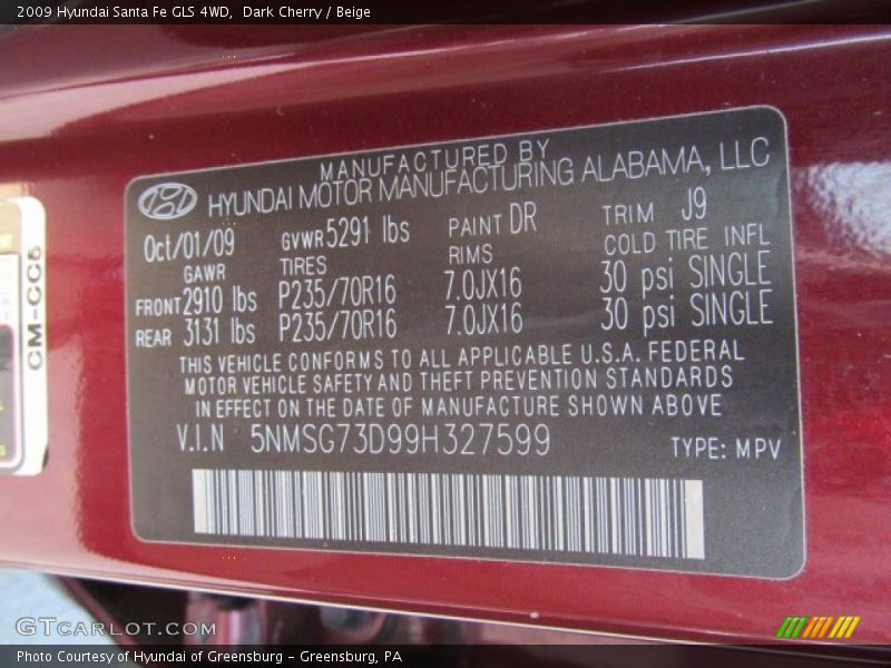 Dark Cherry / Beige 2009 Hyundai Santa Fe GLS 4WD