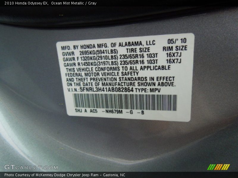 Ocean Mist Metallic / Gray 2010 Honda Odyssey EX
