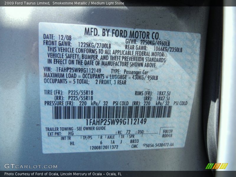 Smokestone Metallic / Medium Light Stone 2009 Ford Taurus Limited