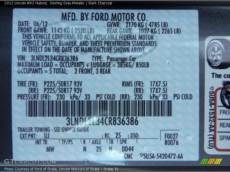 Sterling Gray Metallic / Dark Charcoal 2012 Lincoln MKZ Hybrid