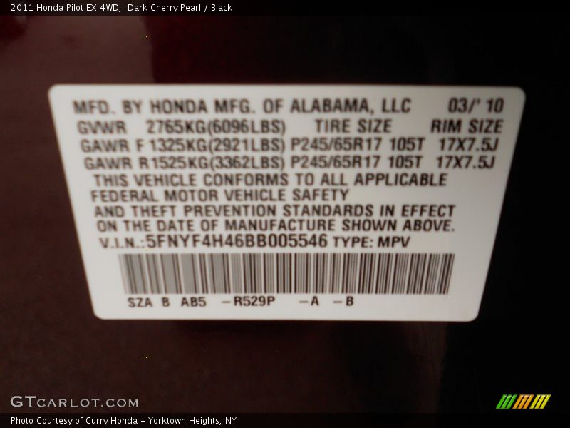 Dark Cherry Pearl / Black 2011 Honda Pilot EX 4WD