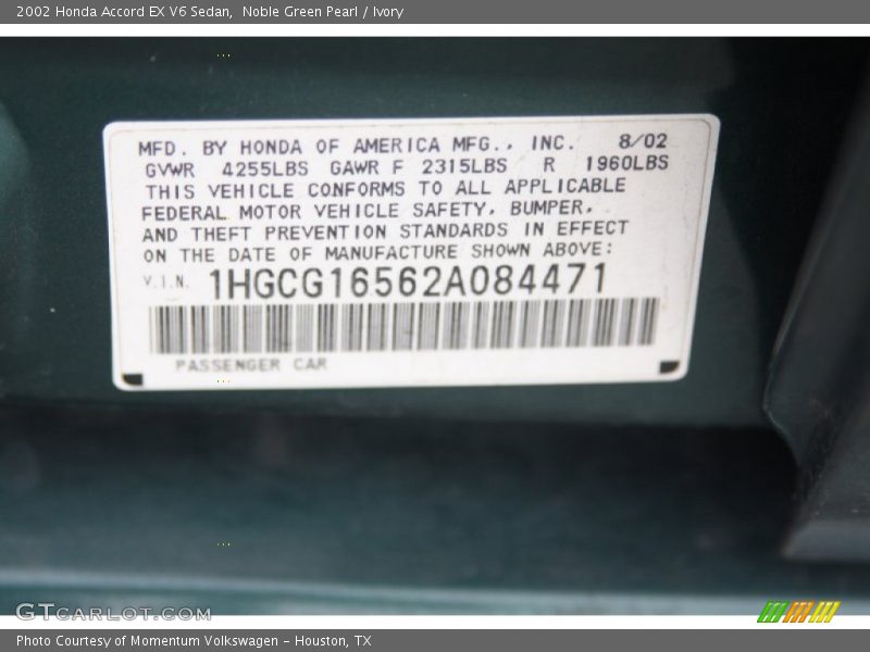 Noble Green Pearl / Ivory 2002 Honda Accord EX V6 Sedan