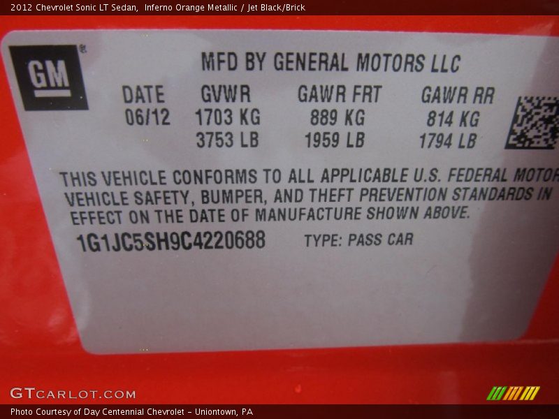 Inferno Orange Metallic / Jet Black/Brick 2012 Chevrolet Sonic LT Sedan