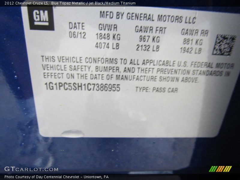 Blue Topaz Metallic / Jet Black/Medium Titanium 2012 Chevrolet Cruze LS
