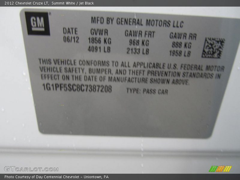 Summit White / Jet Black 2012 Chevrolet Cruze LT