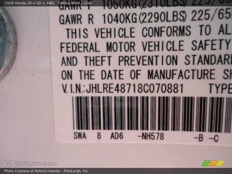 Taffeta White / Gray 2008 Honda CR-V EX-L 4WD