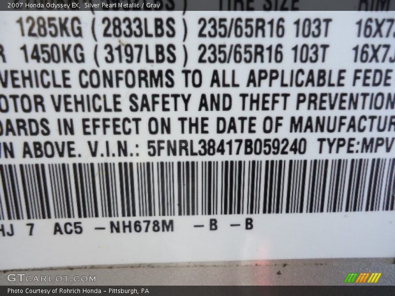 Silver Pearl Metallic / Gray 2007 Honda Odyssey EX