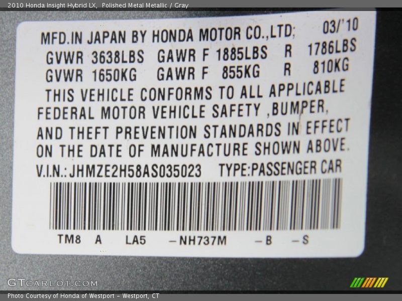 Polished Metal Metallic / Gray 2010 Honda Insight Hybrid LX