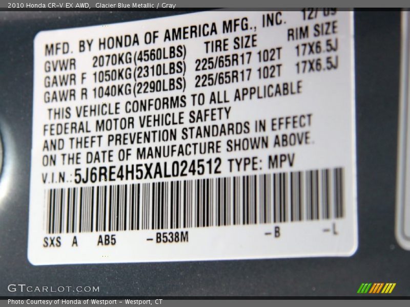 Glacier Blue Metallic / Gray 2010 Honda CR-V EX AWD