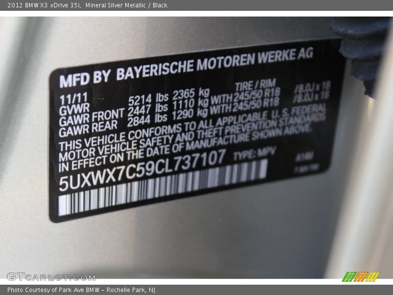 Mineral Silver Metallic / Black 2012 BMW X3 xDrive 35i