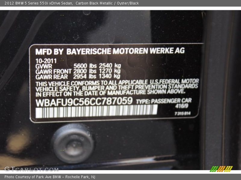 Info Tag of 2012 5 Series 550i xDrive Sedan