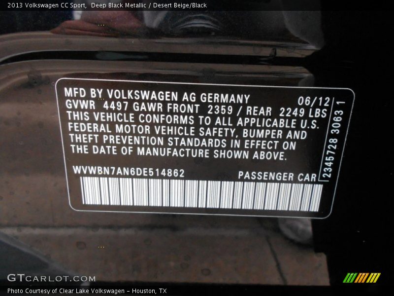 Deep Black Metallic / Desert Beige/Black 2013 Volkswagen CC Sport