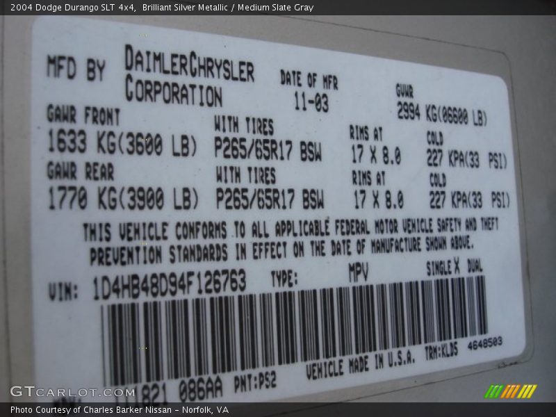 Brilliant Silver Metallic / Medium Slate Gray 2004 Dodge Durango SLT 4x4
