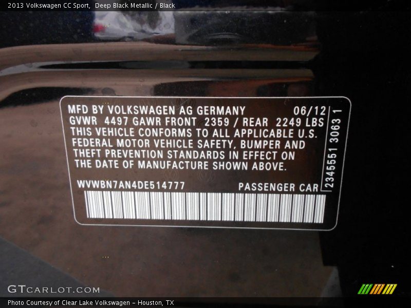 Deep Black Metallic / Black 2013 Volkswagen CC Sport