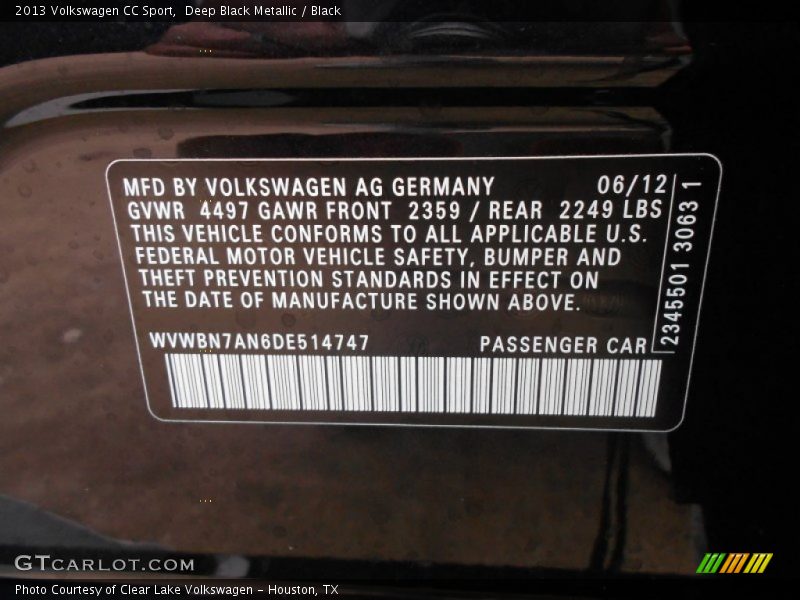 Deep Black Metallic / Black 2013 Volkswagen CC Sport