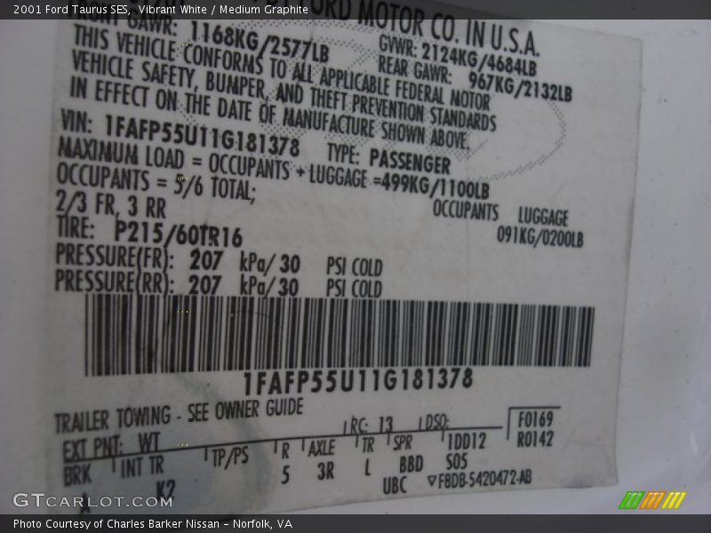 Vibrant White / Medium Graphite 2001 Ford Taurus SES