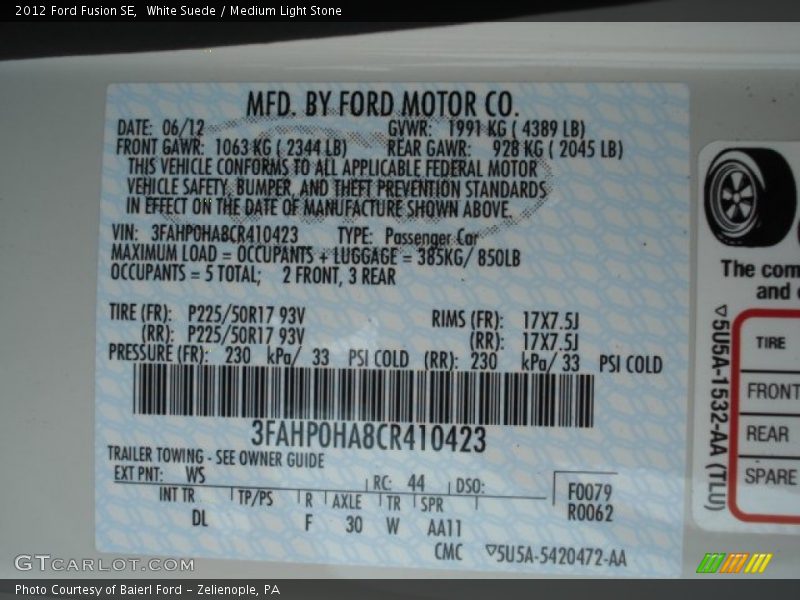 White Suede / Medium Light Stone 2012 Ford Fusion SE