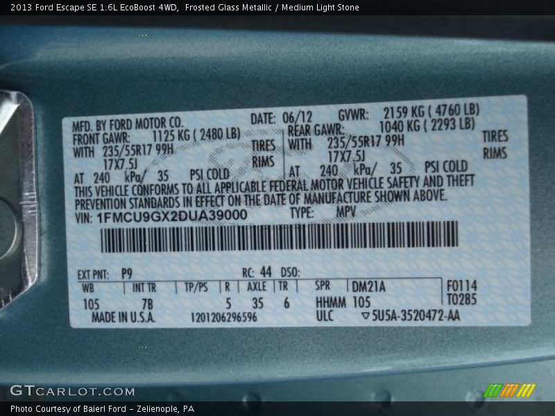 2013 Escape SE 1.6L EcoBoost 4WD Frosted Glass Metallic Color Code P9