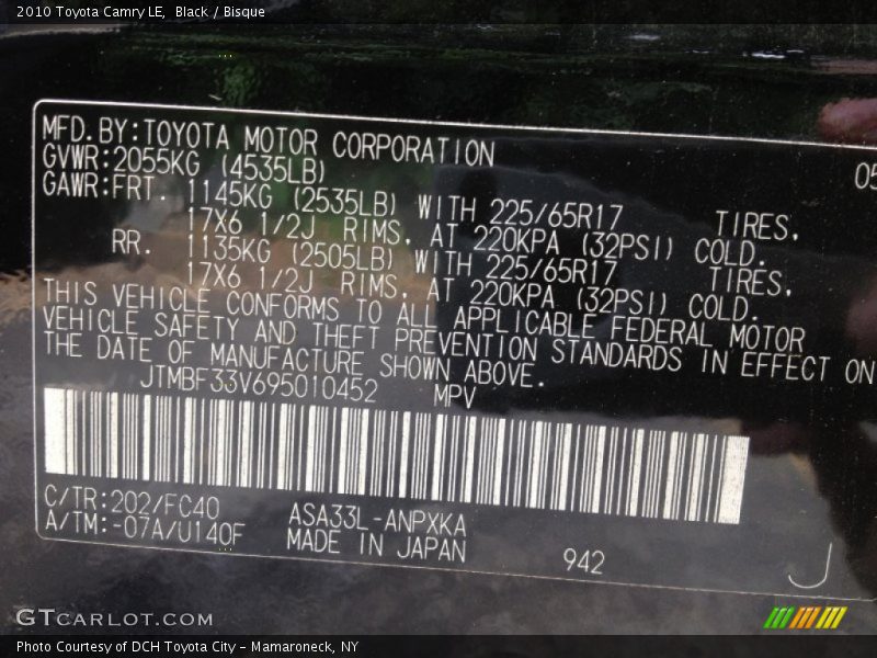 Black / Bisque 2010 Toyota Camry LE