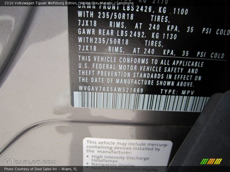 Alpine Grey Metallic / Sandstone 2010 Volkswagen Tiguan Wolfsburg Edition