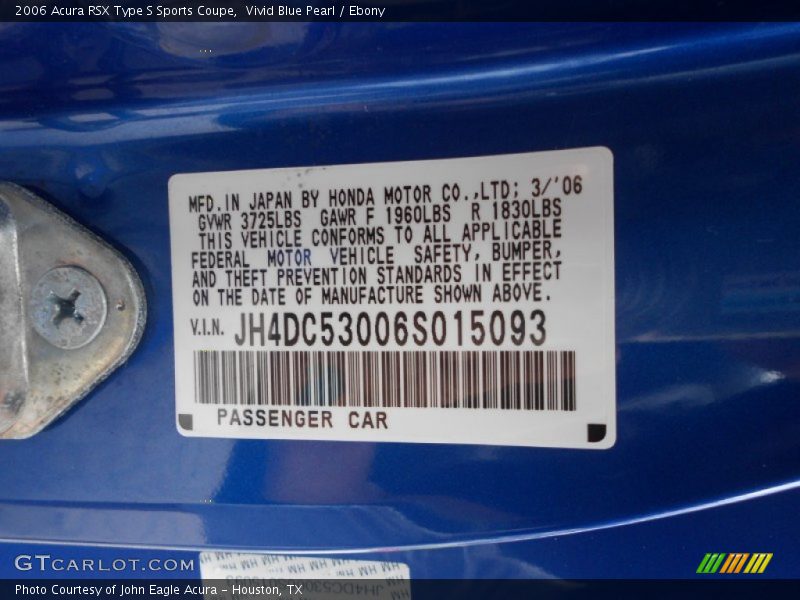 Info Tag of 2006 RSX Type S Sports Coupe