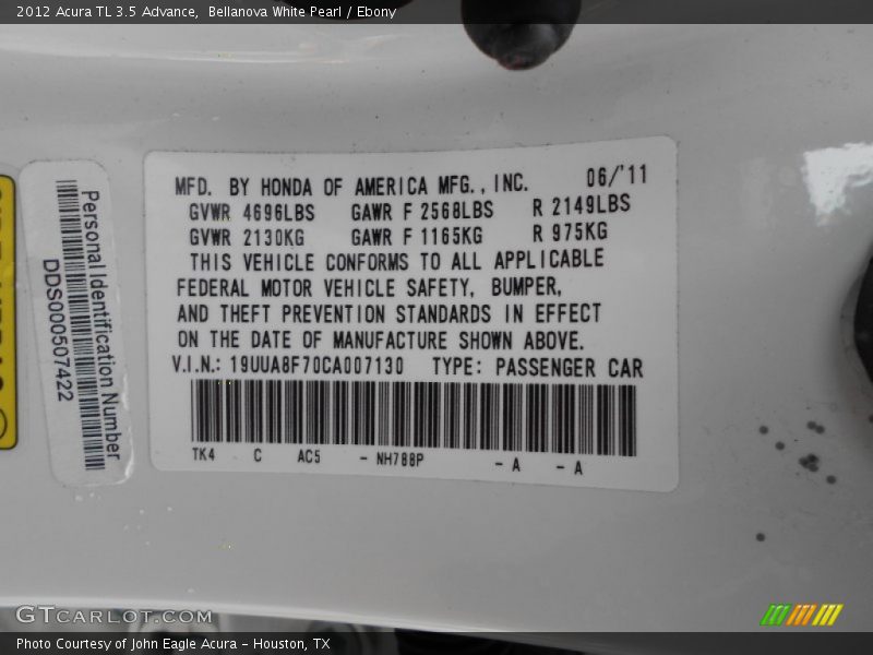 Bellanova White Pearl / Ebony 2012 Acura TL 3.5 Advance