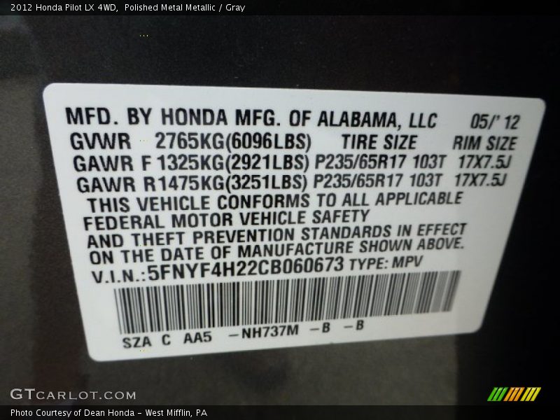 Polished Metal Metallic / Gray 2012 Honda Pilot LX 4WD