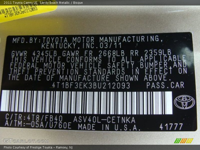 Sandy Beach Metallic / Bisque 2011 Toyota Camry LE