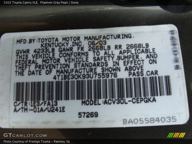 Phantom Gray Pearl / Stone 2003 Toyota Camry XLE