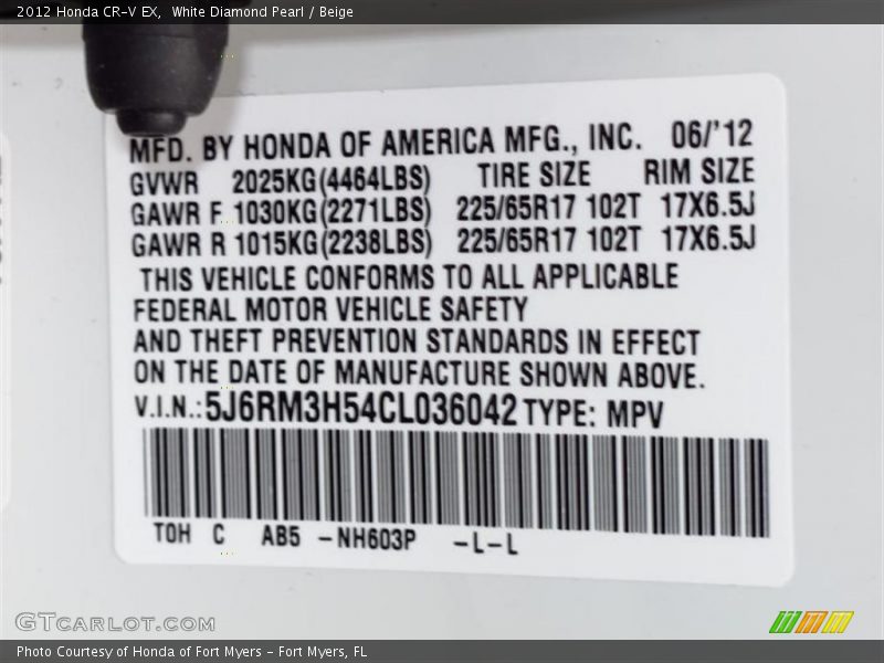 White Diamond Pearl / Beige 2012 Honda CR-V EX