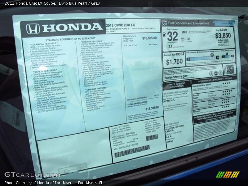 Dyno Blue Pearl / Gray 2012 Honda Civic LX Coupe