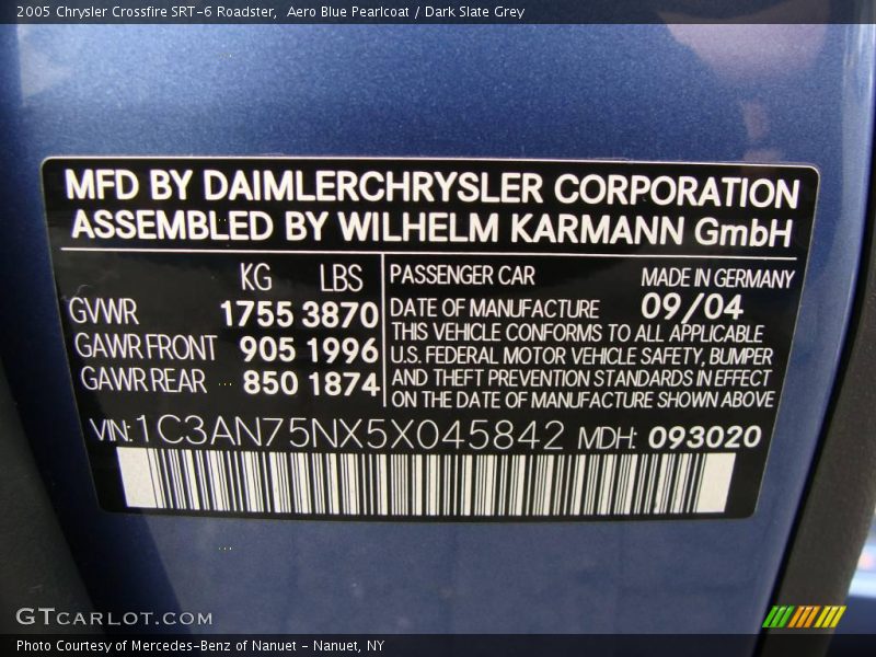 Info Tag of 2005 Crossfire SRT-6 Roadster